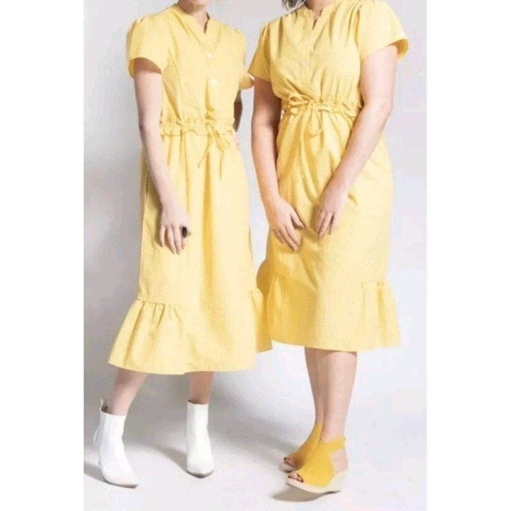 Bollie Midi Dress Short Sleeve Tie Waist Gingham Plaid Pockets Yellow Sz Small‎